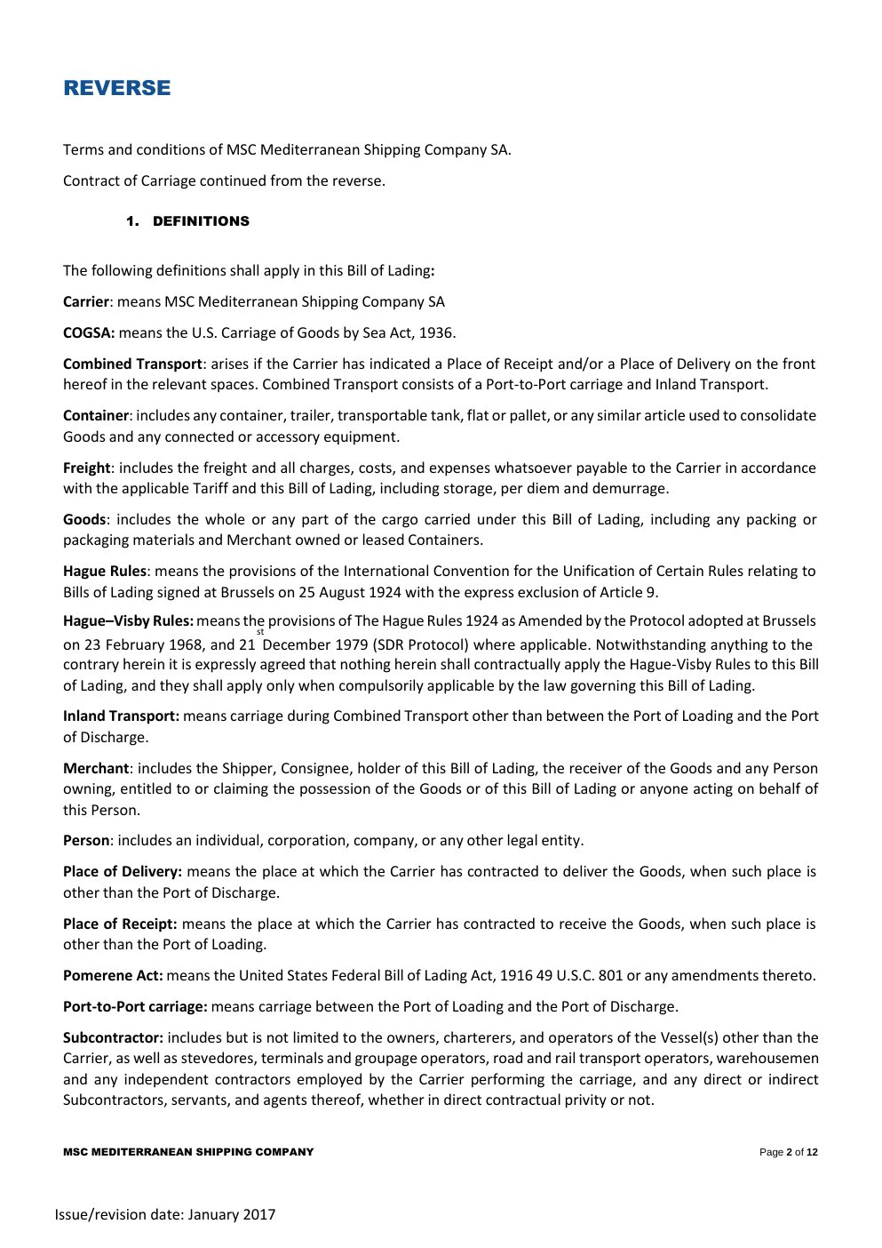 MSC Bill of Lading, reverse: terms and conditions